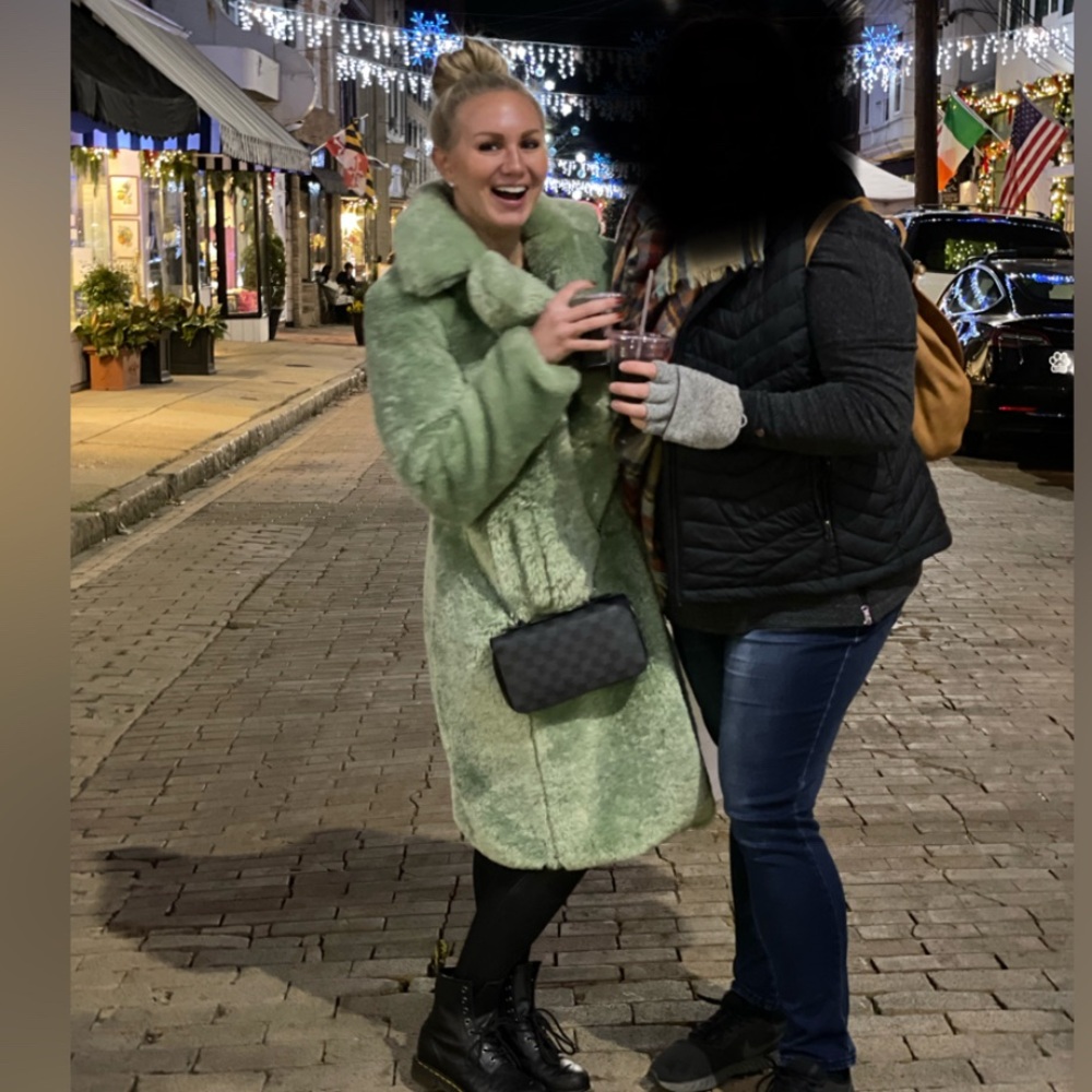 Chunky long faux fur coat in pale green